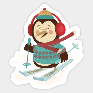 Penguin Skiing Cartoon Sticker